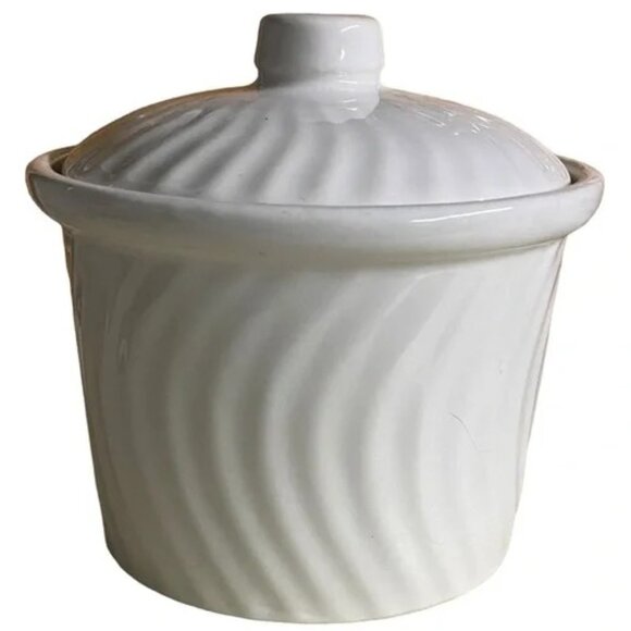 FARMHOUSE KITCHEN White Casserole Butter Crock with Swirl Design and Cover 4"x5" - Picture 1 of 12